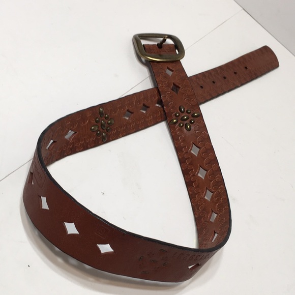 FOSSIL leather laser cut studded belt S warm brown - Picture 11 of 14